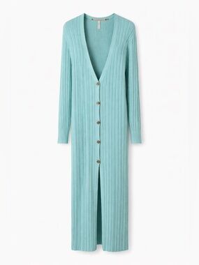Free People Ribbed Duster Cardigan Aqua Coastal Grandma Boho Y2K-XS